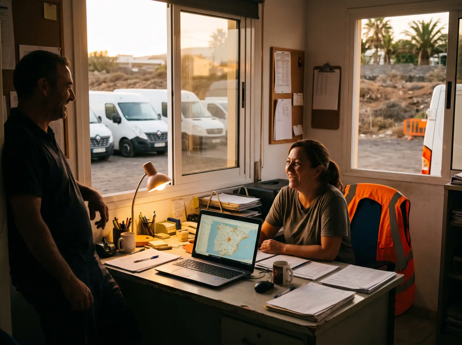 A dispatcher in a depot office with a map on a laptop.