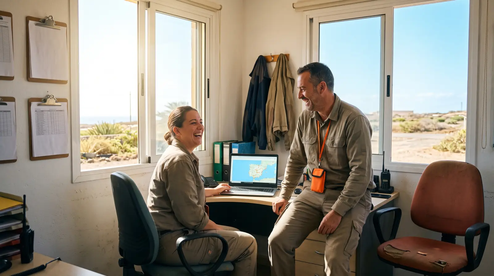 A dispatcher in a depot office with a map on a laptop.