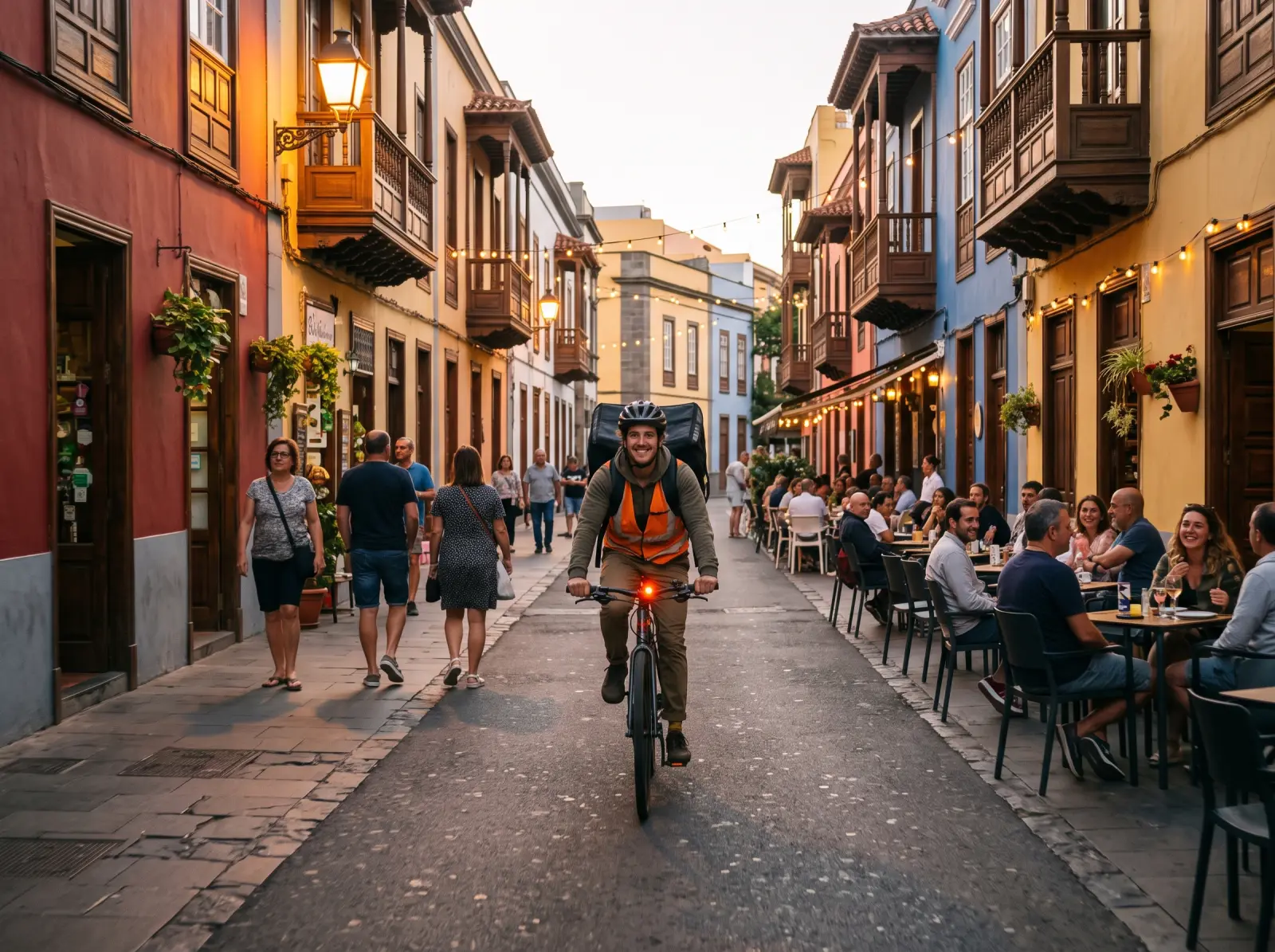 A cyclist with a backpack riding through an old-town street in the evening.