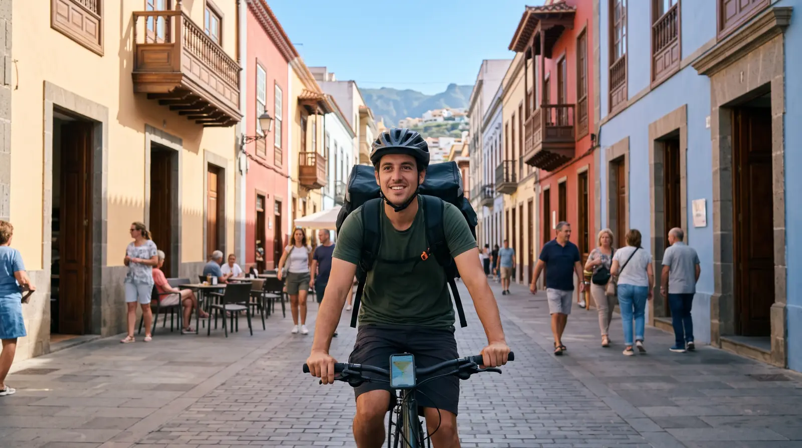 A cyclist with a backpack riding through an old-town street in the evening.