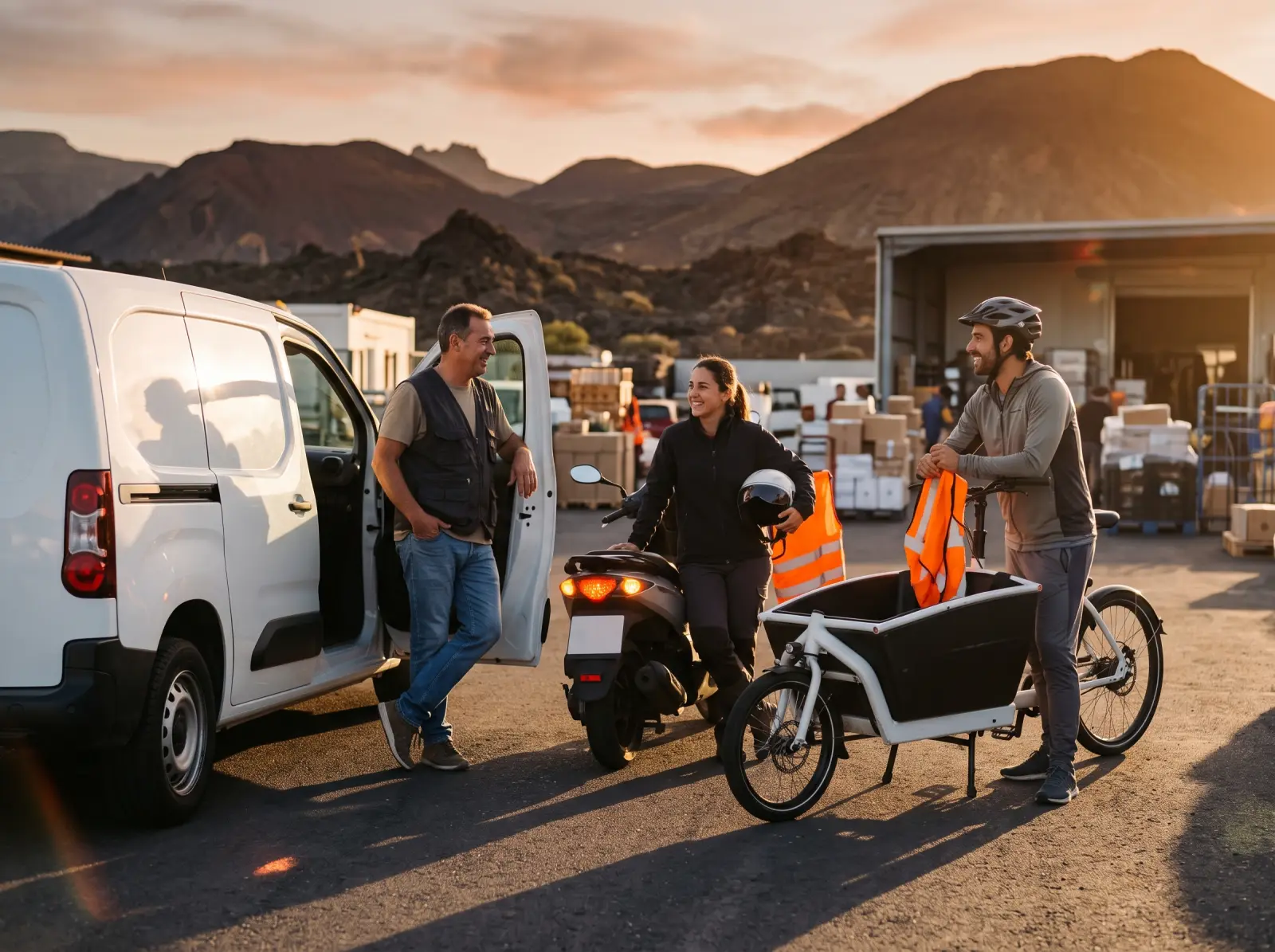 A van driver, a scooter rider and a cargo bike rider talking at a depot.
