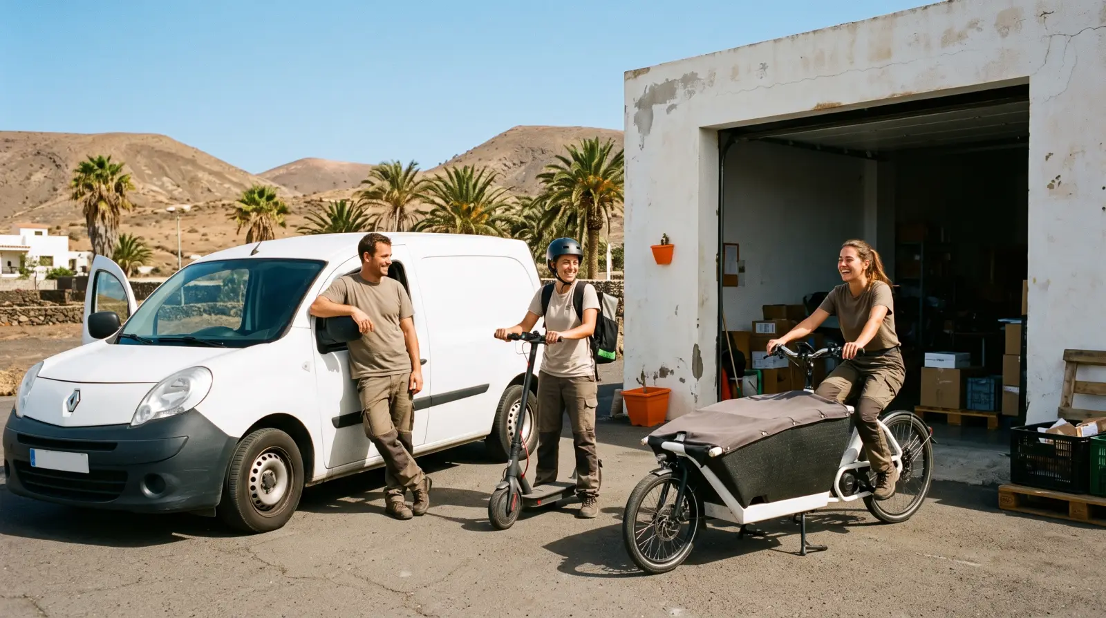A van driver, a scooter rider and a cargo bike rider talking at a depot.