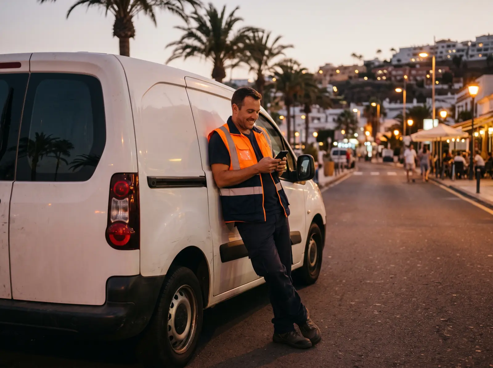 A delivery driver leaning on a white van at the end of the day, holding a phone.
