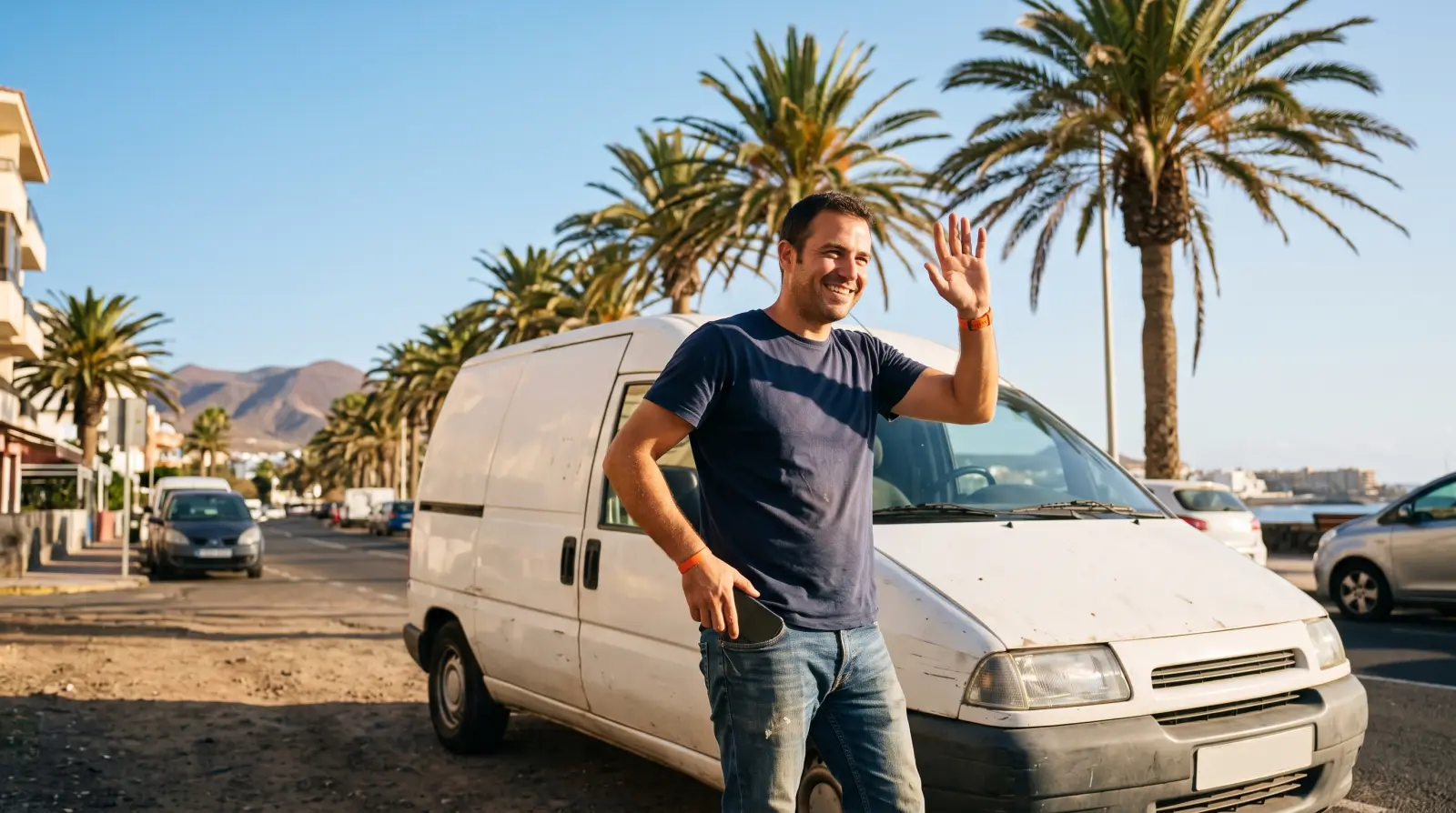 A delivery driver leaning on a white van at the end of the day, holding a phone.